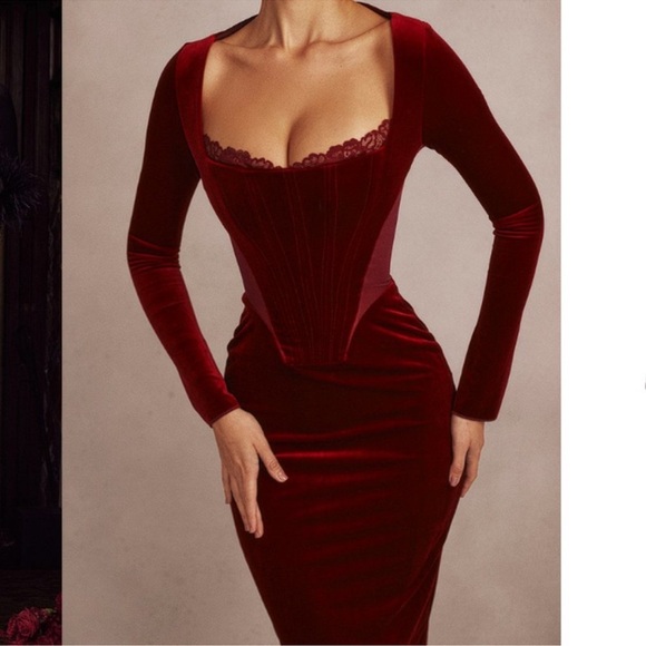 NWOT HOUSE OF CB Solaine Wine Red Velvet Long Sleeves Corset Midi Dress sz L - Picture 5 of 12